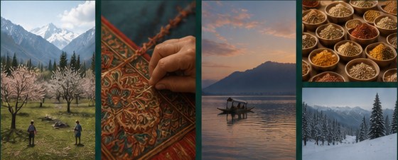 A Kashmir guide collage with mountains, textile craft, Dal Lake, spices, and Kashmiri textures